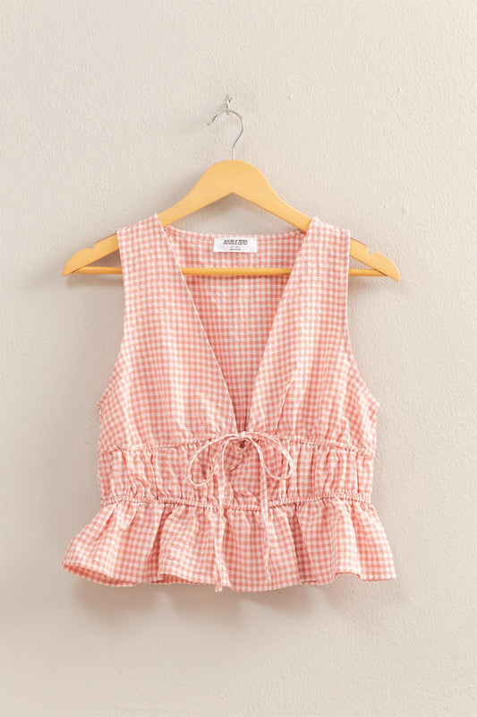 Gingham Peplum Tie Top