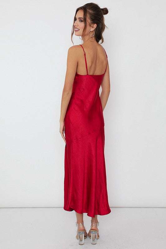 Satin Side Slit Midi Dress (shipping only)