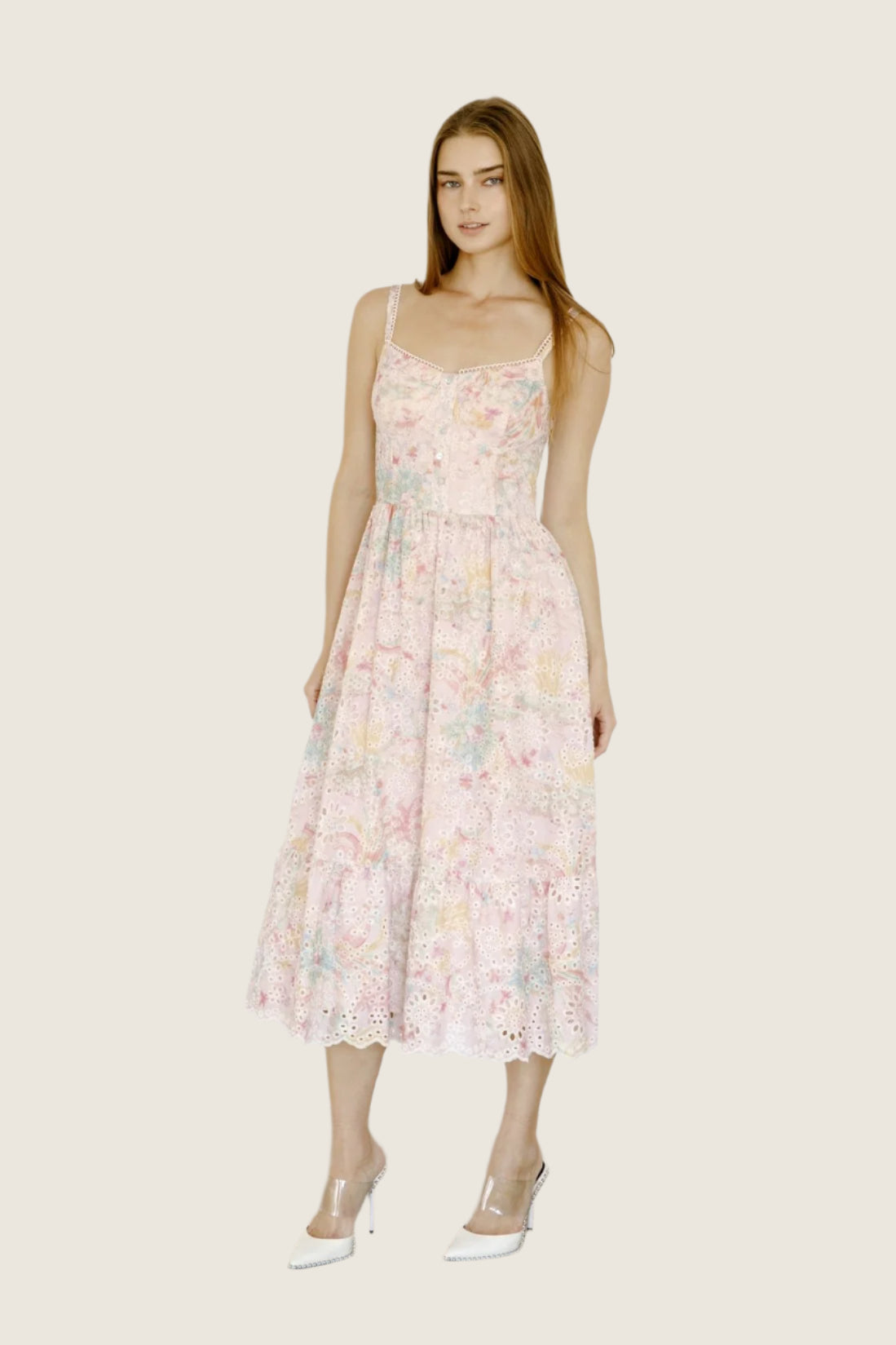Pink Watercolor Eyelet Midi Dress