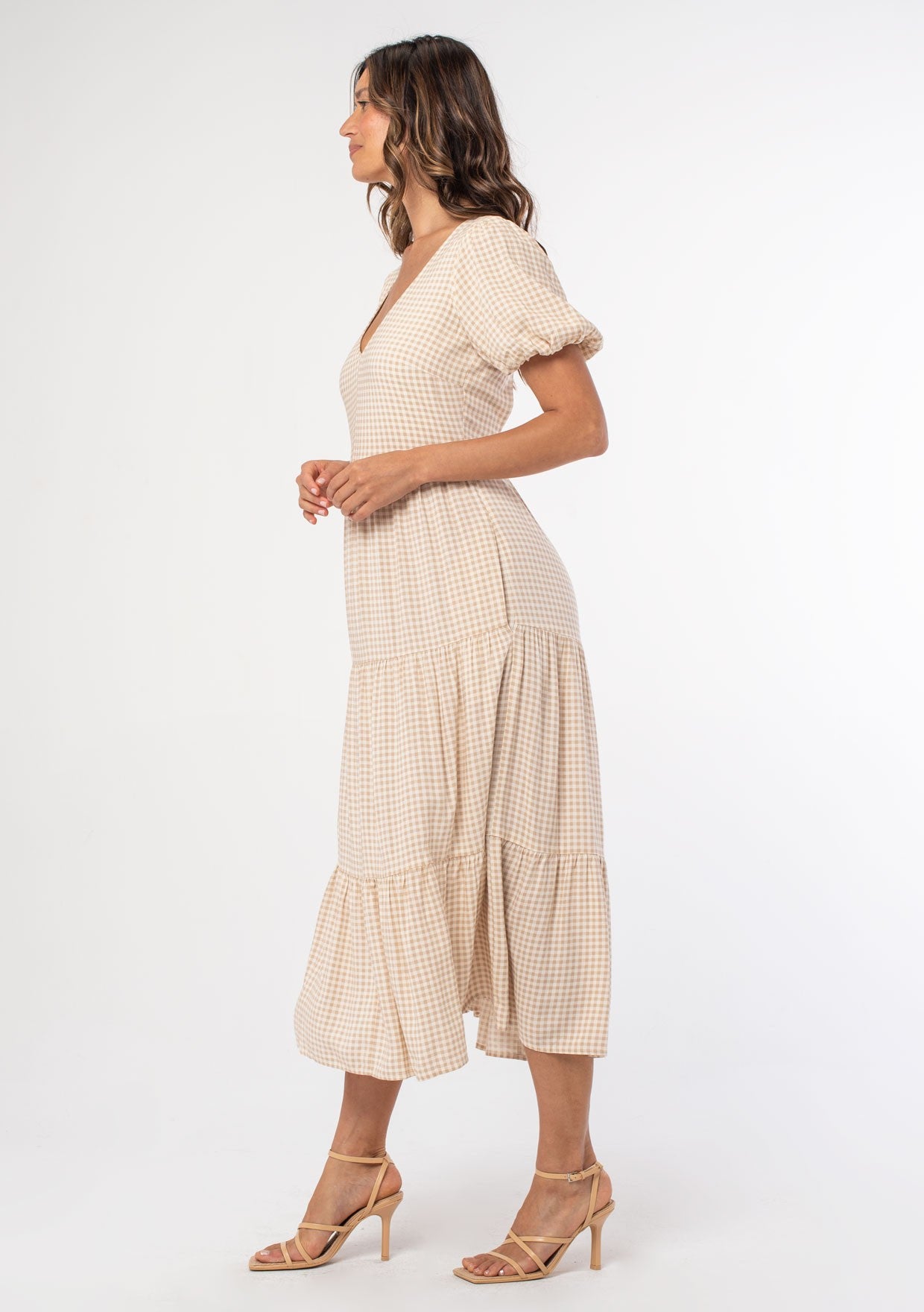 Gingham Linen Puff Sleeve Midi Dress