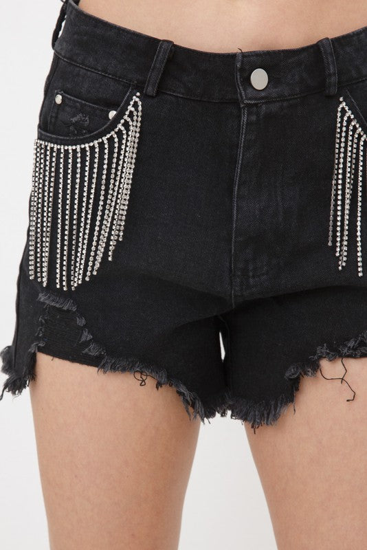 Frayed Rhinestone Denim Shorts (Shipping Only)