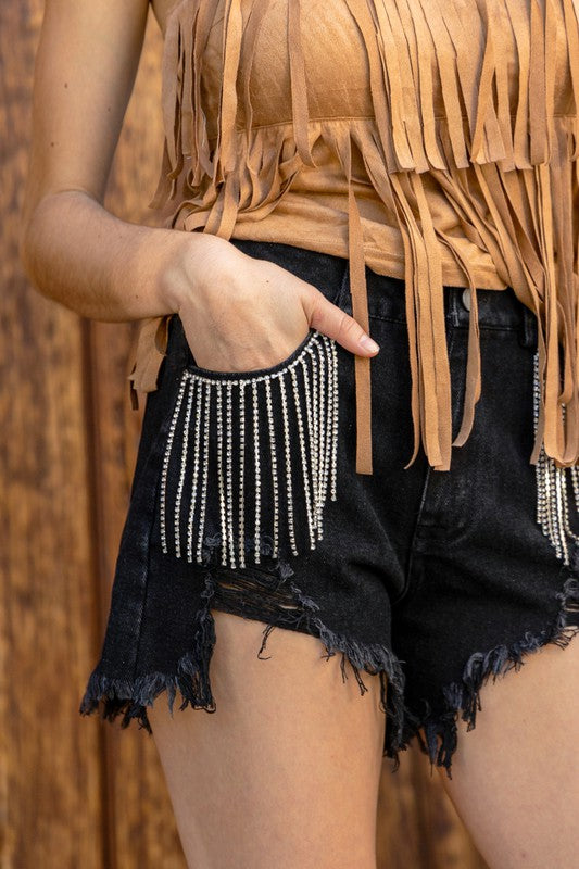 Frayed Rhinestone Denim Shorts (Shipping Only)