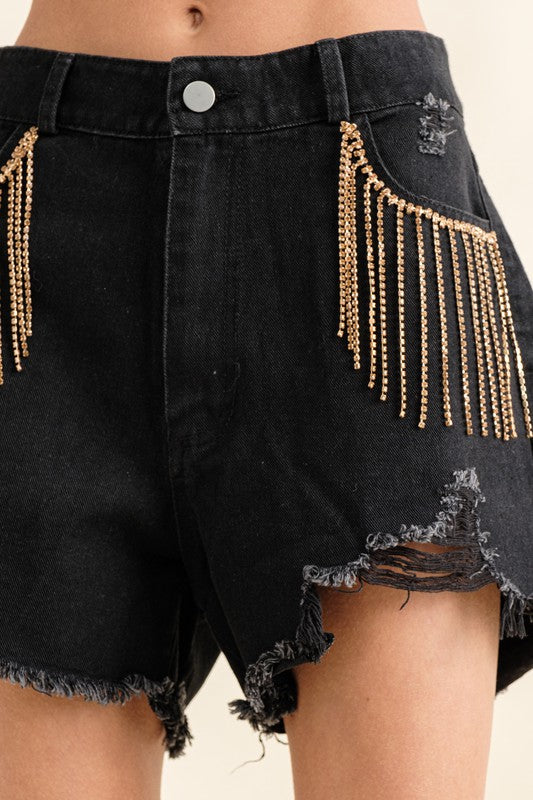 Frayed Rhinestone Denim Shorts (Shipping Only)