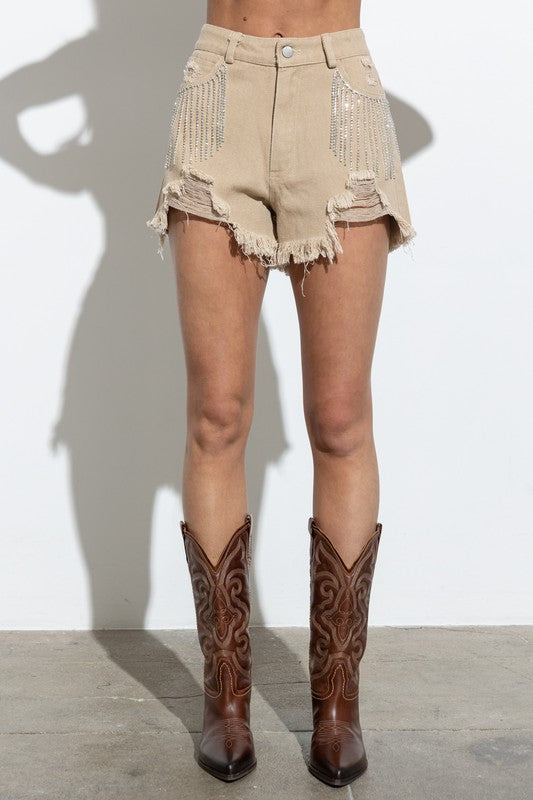 Frayed Rhinestone Denim Shorts (Shipping Only)