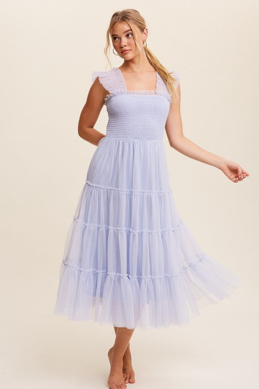 Smocked Ruffle Tiered Mesh Midi Dress (Shipping Only)