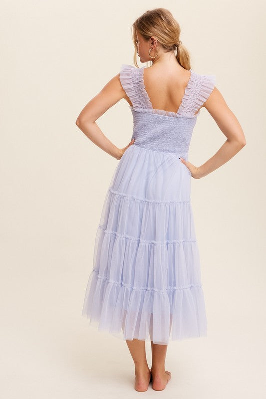 Smocked Ruffle Tiered Mesh Midi Dress (Shipping Only)