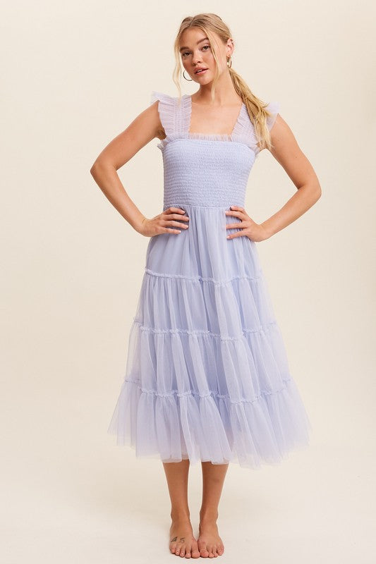 Smocked Ruffle Tiered Mesh Midi Dress (Shipping Only)