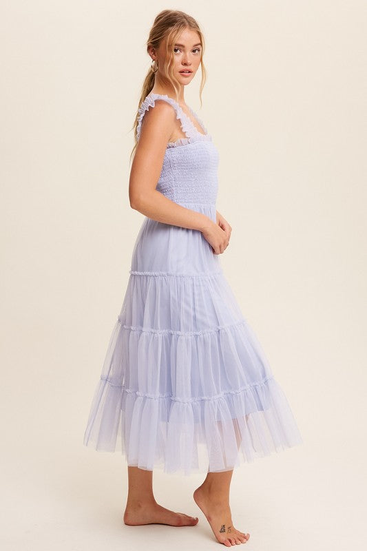 Smocked Ruffle Tiered Mesh Midi Dress (Shipping Only)