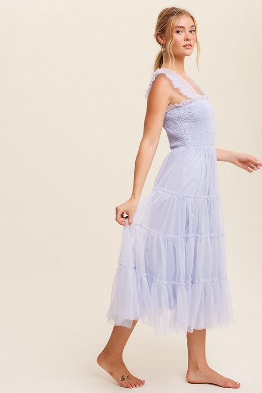 Smocked Ruffle Tiered Mesh Midi Dress (Shipping Only)