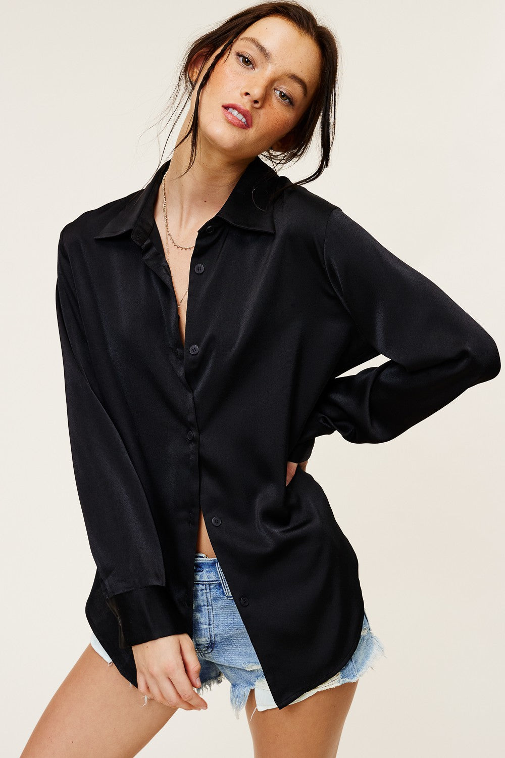 Satin Button Down Essential Top