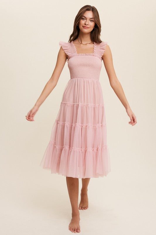 Smocked Ruffle Tiered Mesh Midi Dress (Shipping Only)
