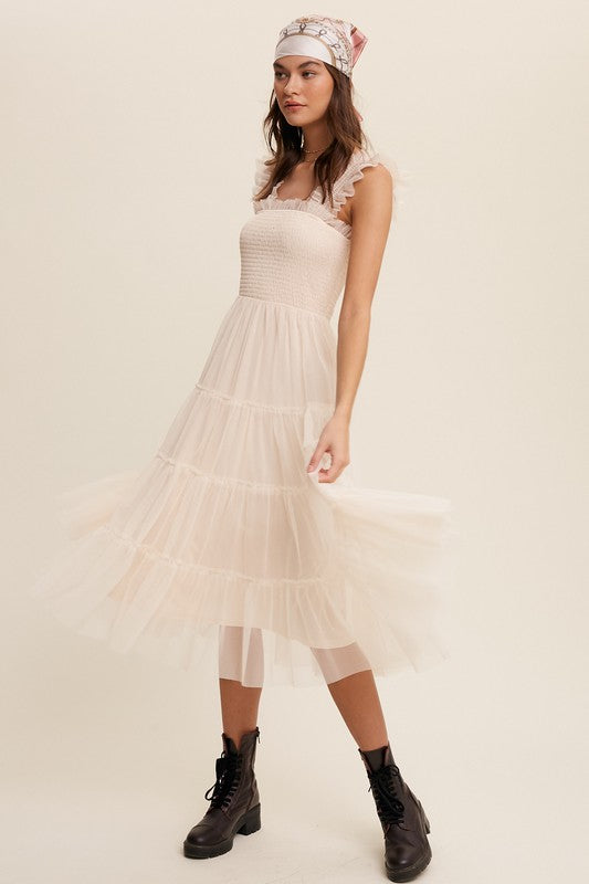 Smocked Ruffle Tiered Mesh Midi Dress (Shipping Only)