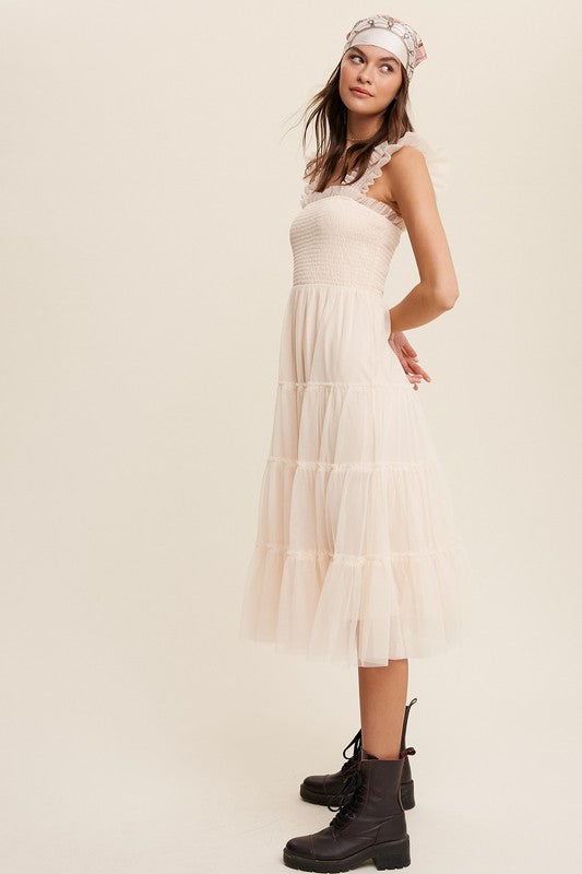 Smocked Ruffle Tiered Mesh Midi Dress (Shipping Only)