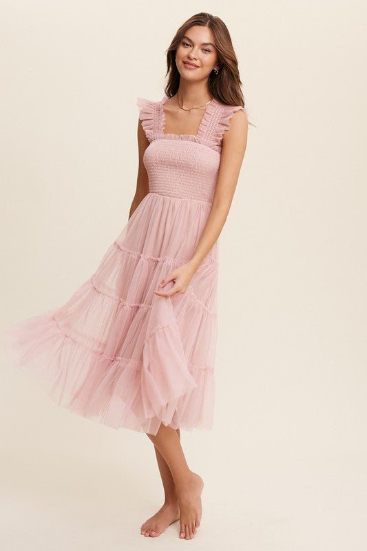 Smocked Ruffle Tiered Mesh Midi Dress (Shipping Only)