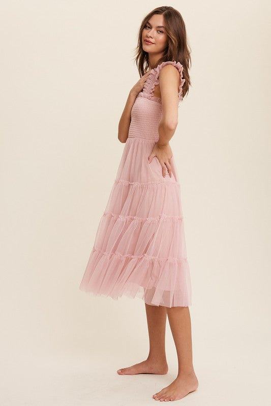 Smocked Ruffle Tiered Mesh Midi Dress (Shipping Only)
