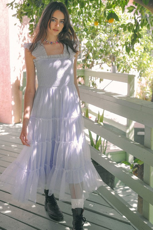 Smocked Ruffle Tiered Mesh Midi Dress (Shipping Only)