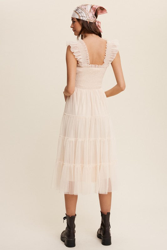 Smocked Ruffle Tiered Mesh Midi Dress (Shipping Only)