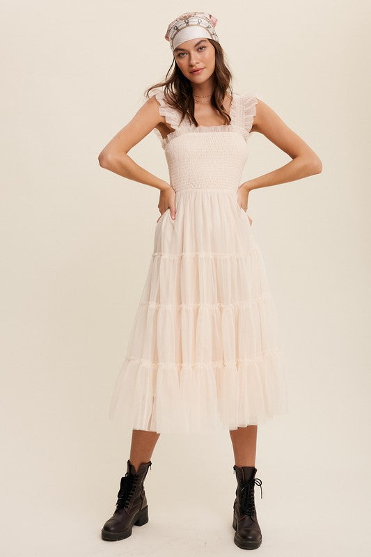Smocked Ruffle Tiered Mesh Midi Dress (Shipping Only)