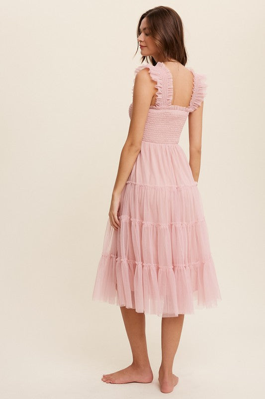 Smocked Ruffle Tiered Mesh Midi Dress (Shipping Only)