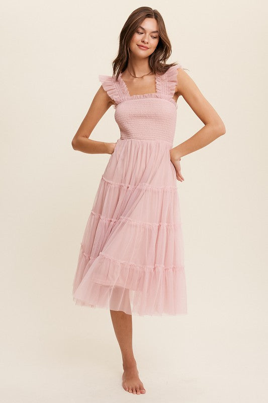 Smocked Ruffle Tiered Mesh Midi Dress (Shipping Only)