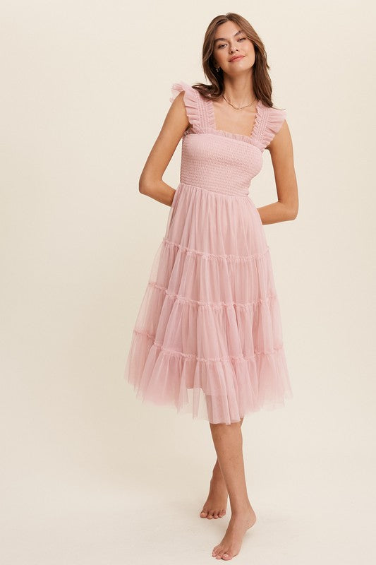Smocked Ruffle Tiered Mesh Midi Dress (Shipping Only)