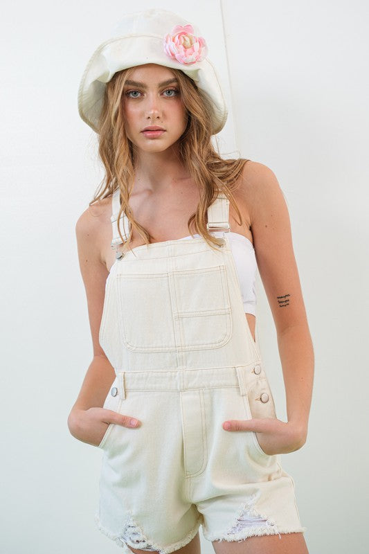 Cream Distressed Shorts Overalls