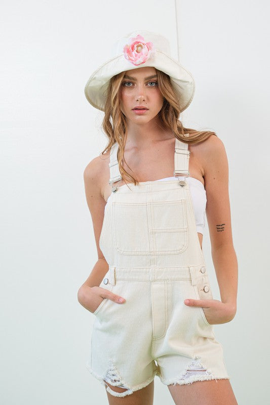 Cream Distressed Shorts Overalls