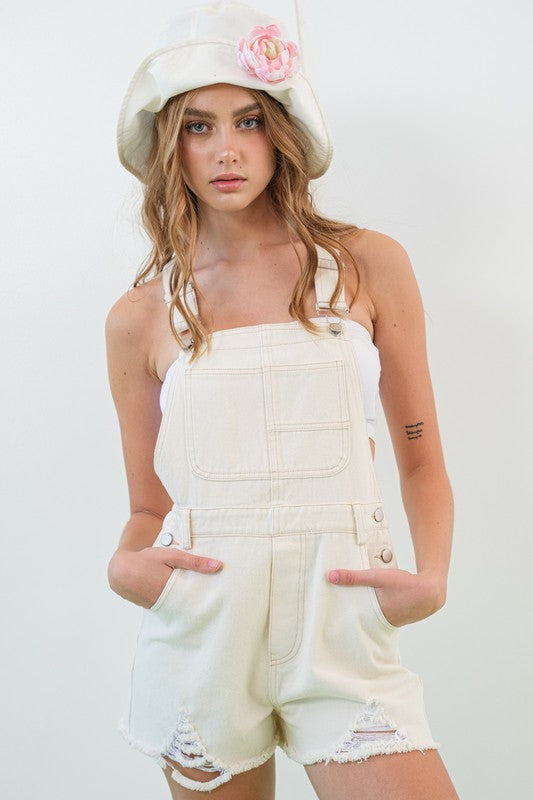 Cream Distressed Shorts Overalls