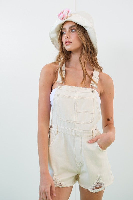 Cream Distressed Shorts Overalls