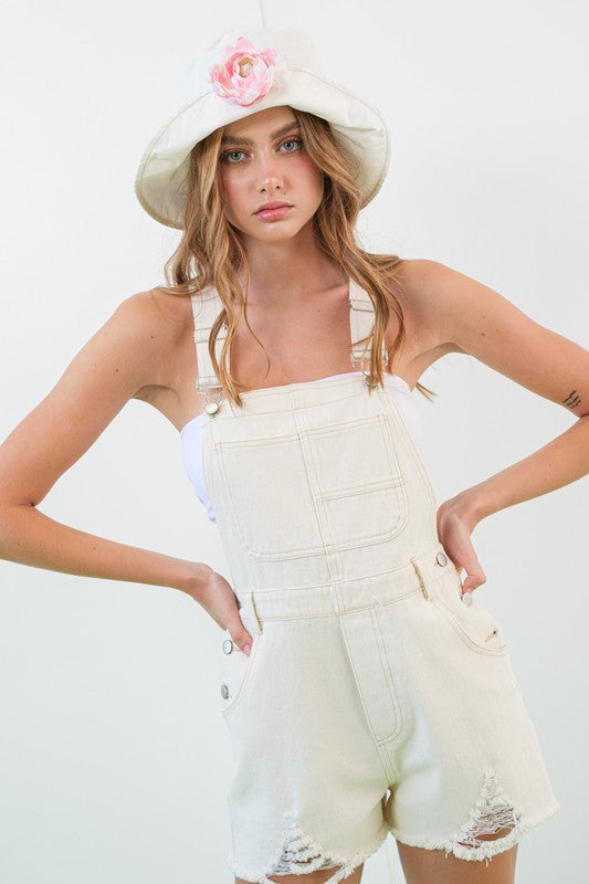 Cream Distressed Shorts Overalls