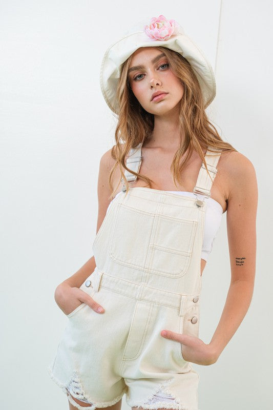 Cream Distressed Shorts Overalls