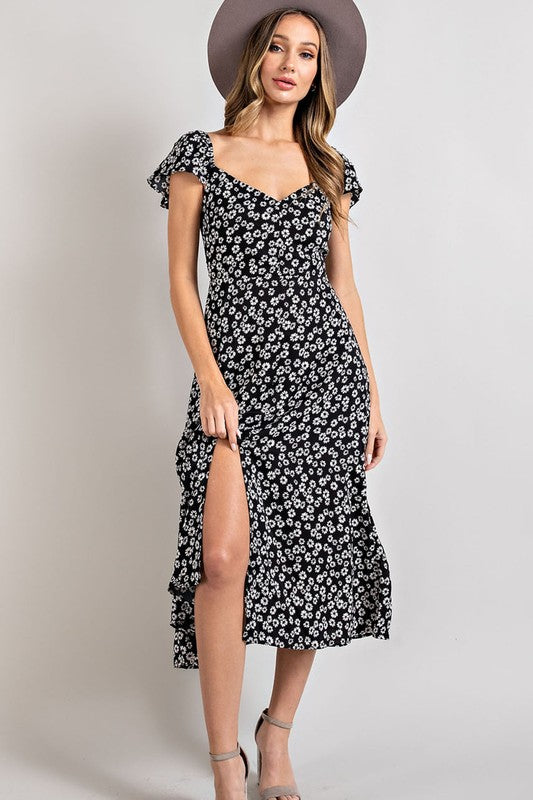 Flower Black Midi Dress