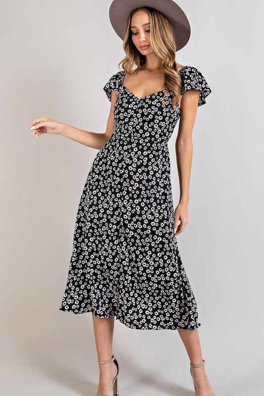 Flower Black Midi Dress