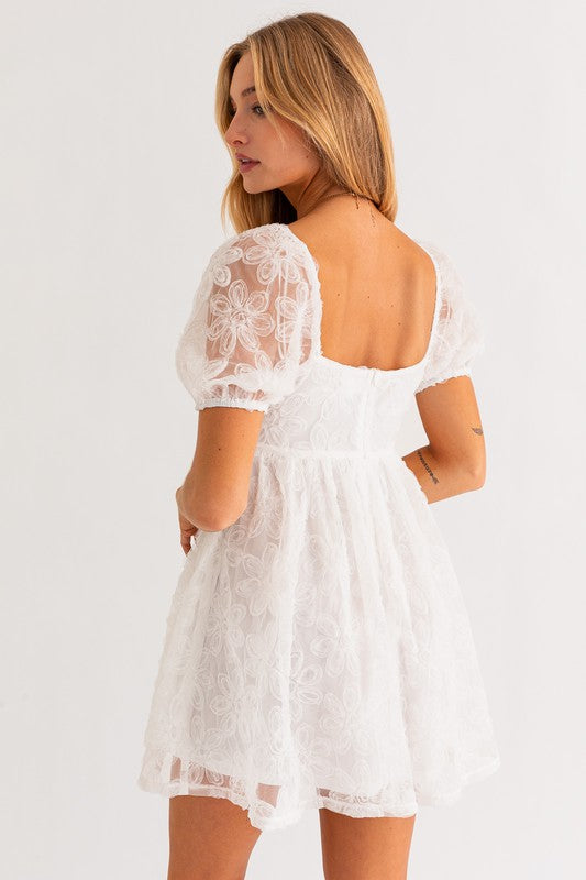 Flower White Puff Sleeve Dress (Shipping Only)
