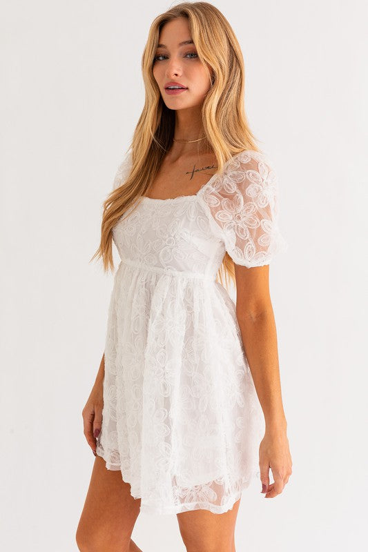 Flower White Puff Sleeve Dress (Shipping Only)
