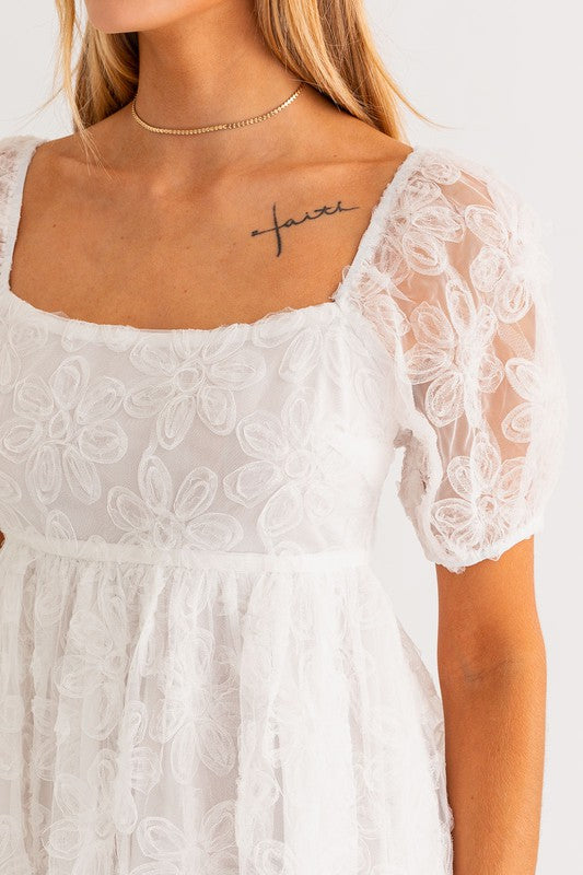 Flower White Puff Sleeve Dress (Shipping Only)