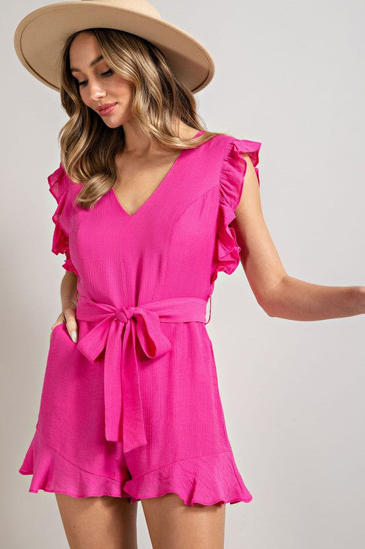 Ruffle Sleeve Tie Waist Romper (Shipping Only)