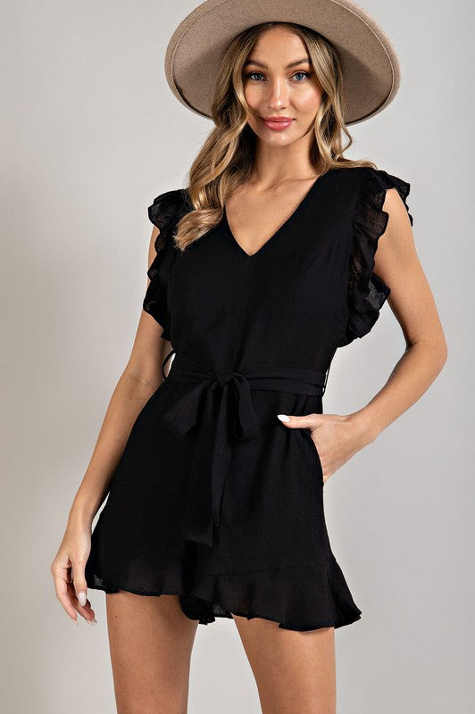 Ruffle Sleeve Tie Waist Romper (Shipping Only)