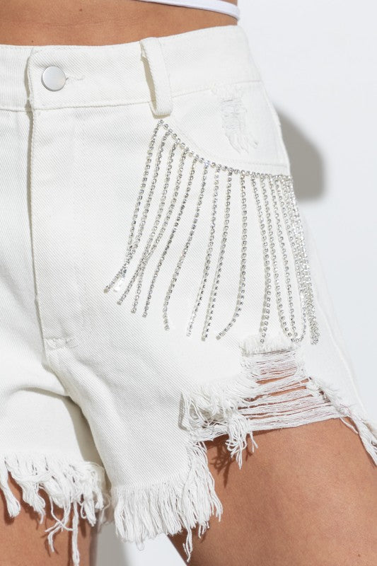 Frayed Rhinestone Denim Shorts (Shipping Only)