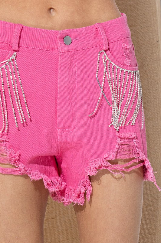 Frayed Rhinestone Denim Shorts (Shipping Only)