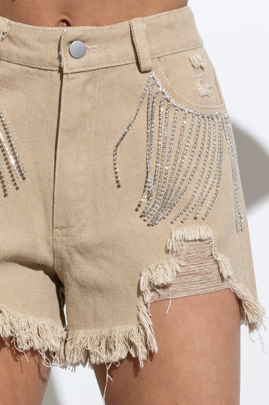 Frayed Rhinestone Denim Shorts (Shipping Only)