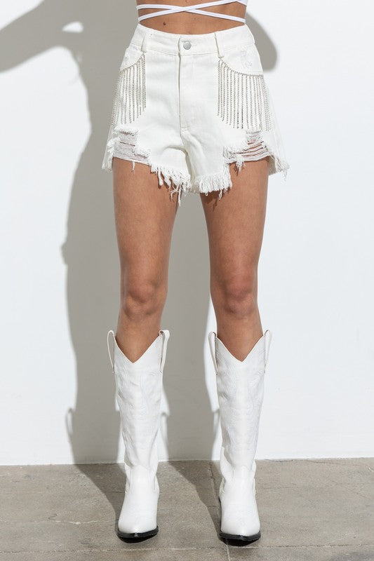 Frayed Rhinestone Denim Shorts (Shipping Only)