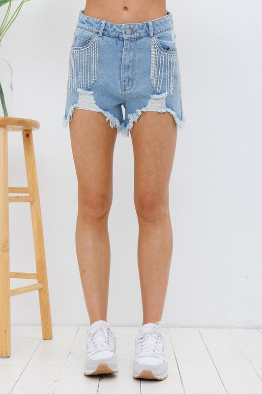 Frayed Rhinestone Denim Shorts (Shipping Only)