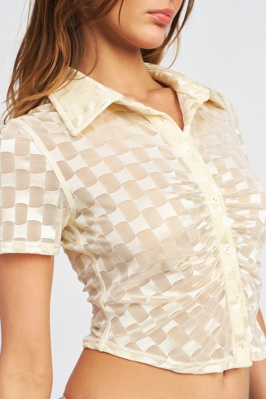 Checked Sheer Collared Top (Shipping Only)