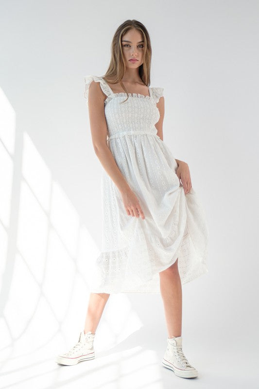 White Flutter Sleeve Midi Dress