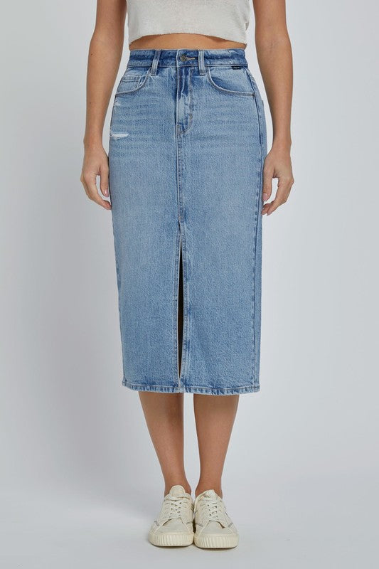 High Rise Denim Midi Skirt