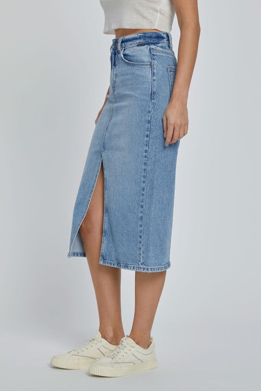 High Rise Denim Midi Skirt