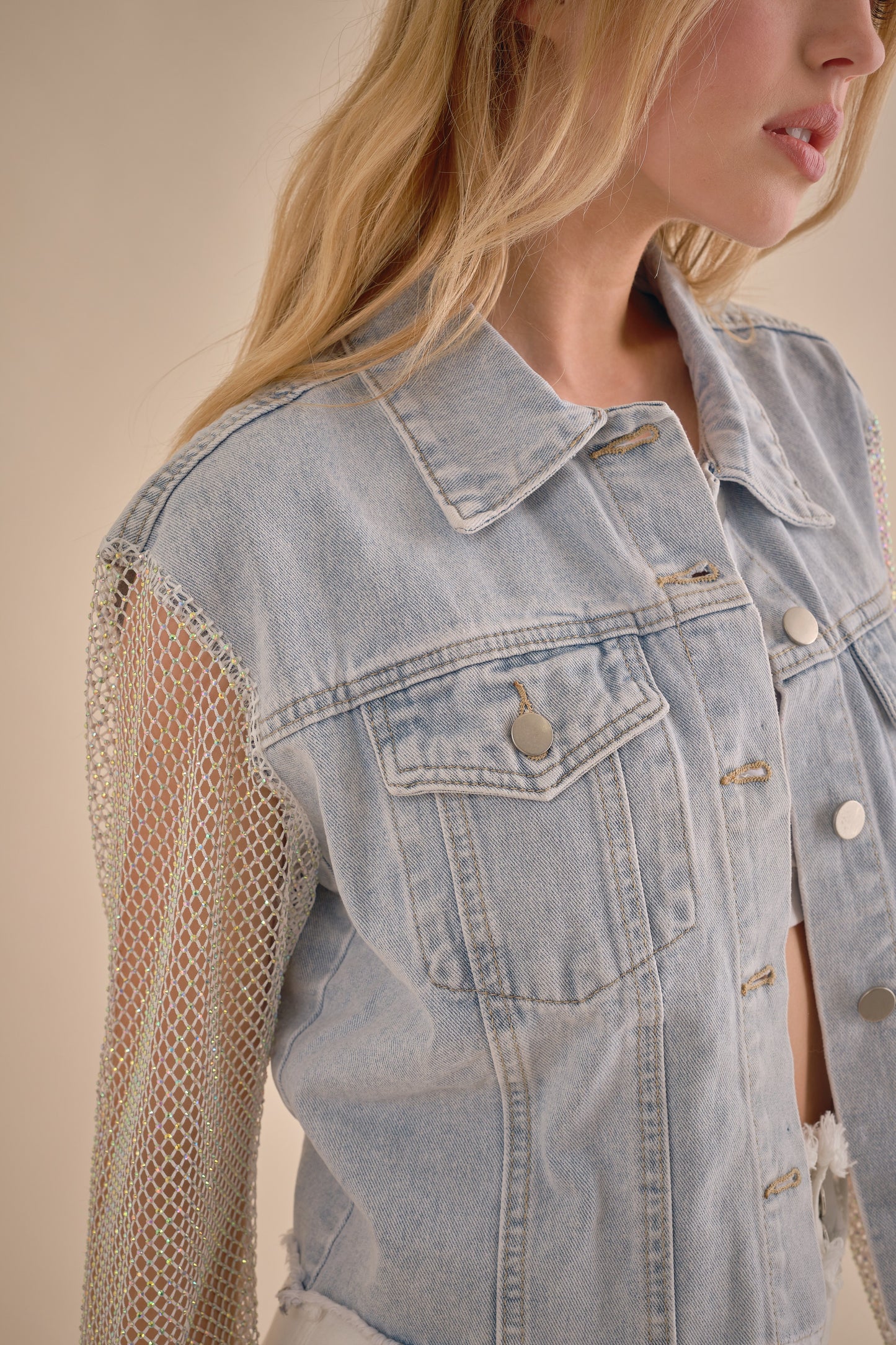 Mesh Sleeve Sparkle Denim Jacket