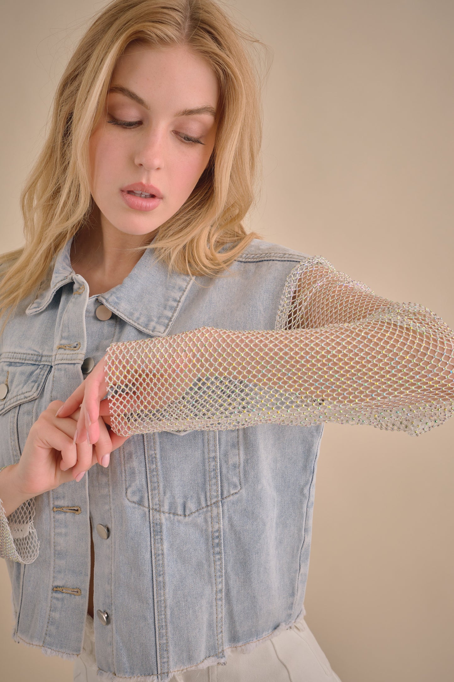 Mesh Sleeve Sparkle Denim Jacket