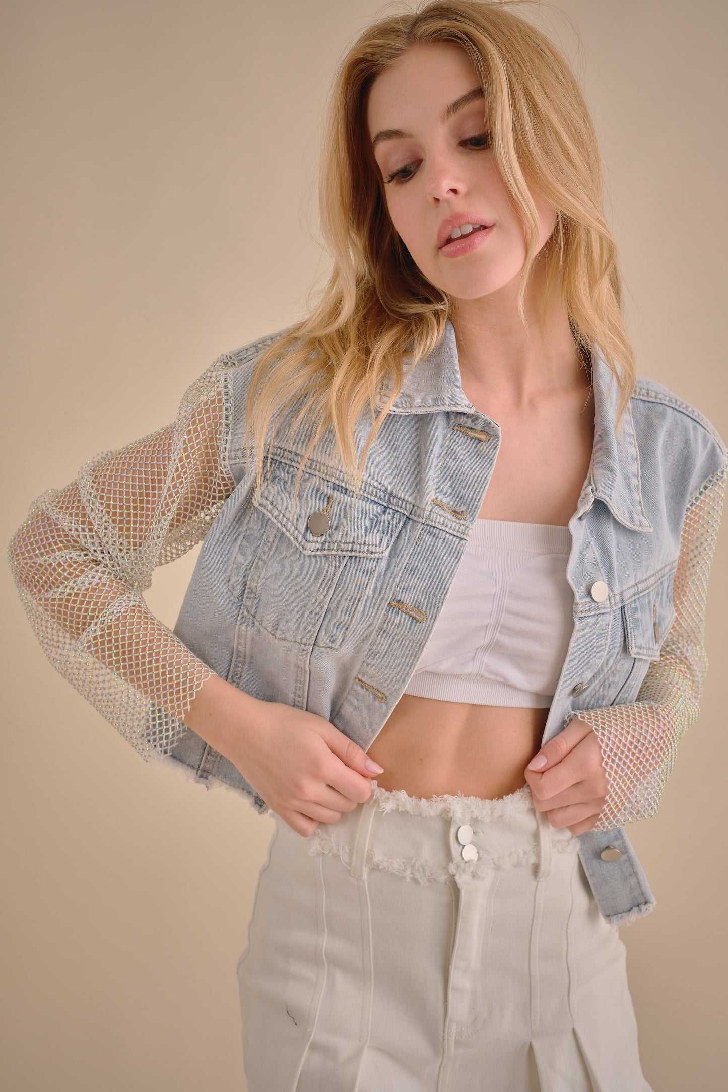 Mesh Sleeve Sparkle Denim Jacket